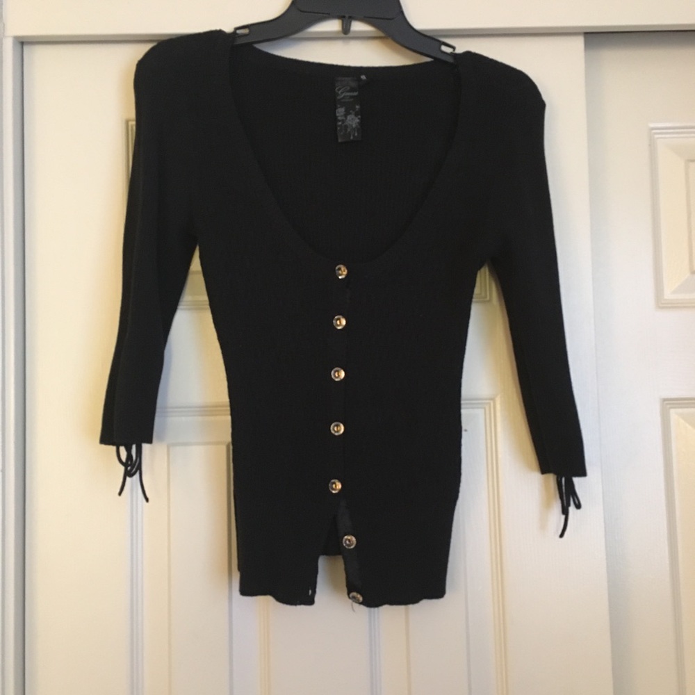 Guess Black Ribbed Button-Front Cardigan